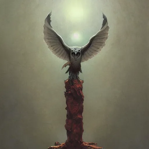 Image similar to The Owl God, The Lord of The Owls, psychedelic art, fullbody, artstation, dark fantasy, concept art, smooth, sharp focus, illustration, art by greg rutkowski and orientalism and bouguereau and Zdzislaw Beksinski, good clear quality, lighting, biology, symmetrical artwork, perfect face, 135 mm, cinematic, hyper realism, high detail, octane render, 8k, chrome accents