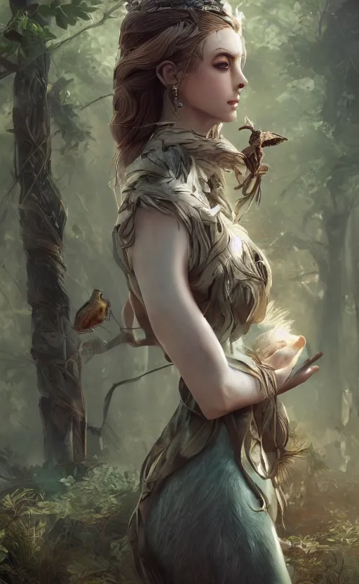 Prompt: Greek Goddess Artemis in forest with animals, medium shot portrait by loish and WLOP, octane render, dynamic lighting, asymmetrical portrait, dark fantasy, trending on ArtStation