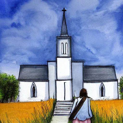 Prompt: the landscape of a girl standing in front of church, by Paindude.