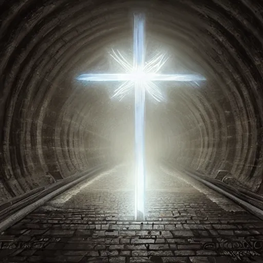 Image similar to a christian cross made out of light at the end of a tunnel, concept art by Doug Chiang cinematic, realistic painting, high definition, digital art, symmetrical, very detailed, extremely high detail, photo realistic, concept art, unreal engine 5,