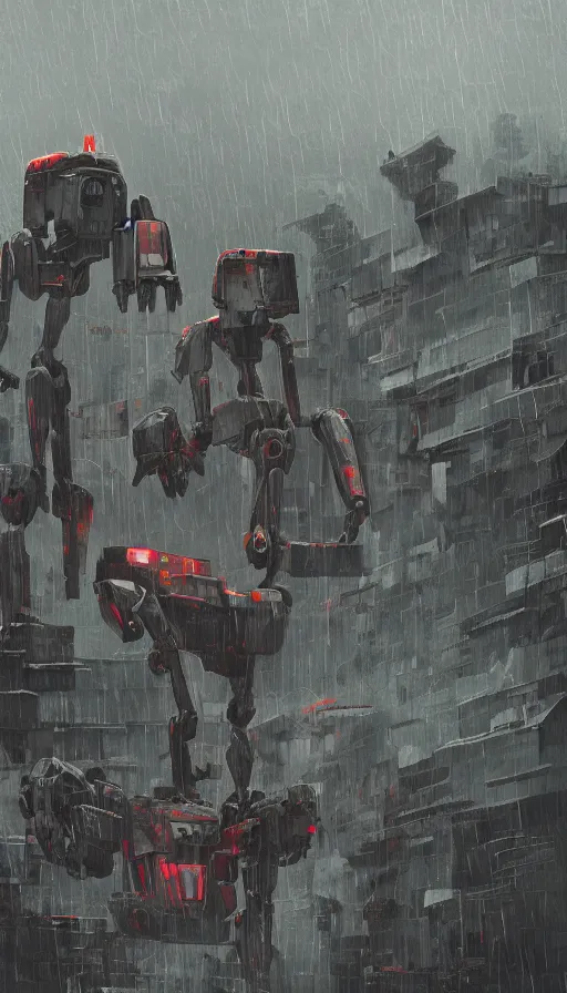 Image similar to a giant broken robots in rain after a huge battle, tired, rustic, dormant, sharp focus, james gilleard, cinematic, game art, extremely detailed digital painting, print