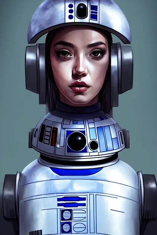 Prompt: a portrait of android girl as r 2 d 2 droid, humanization, humanized, grim - lighting, high - contrast, intricate, elegant, highly detailed, digital painting, artstation, concept art, smooth, sharp focus, illustration