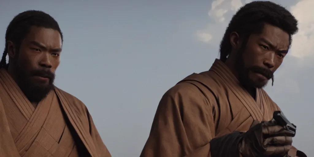 Prompt: a film still of a black man starring in a japanese blockbuster film as an evil samurai, shallow depth of field, cinematic, award winning cgi, vfx, film still