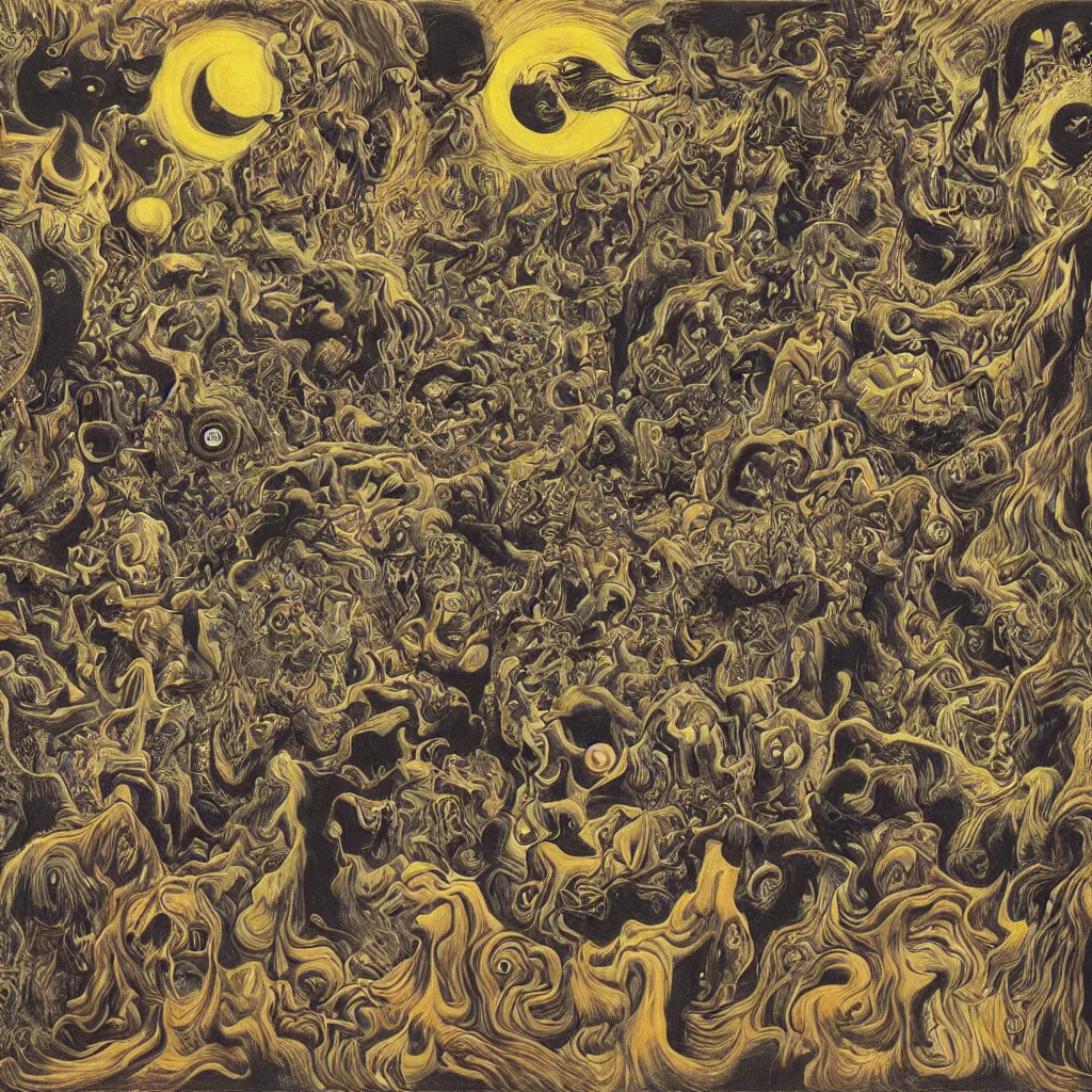 Image similar to intergalactic psychonaut unholy gathering, 4K, by collaboration of M. C. Escher and Salvador Dali and Van Gogh