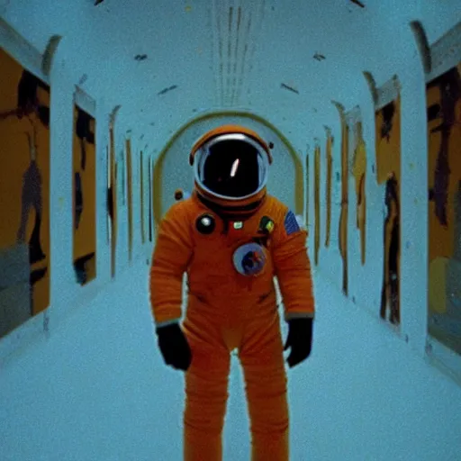 Prompt: Space odyssey astronaut wearing nasa chroma puffet jacket in the shining by stanley kubrick, shot by 35mm film color photography