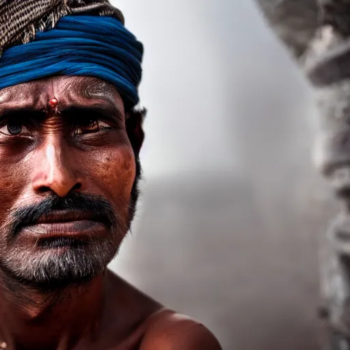 Prompt: a dramatic portrait of worker from india, cinematic lighting