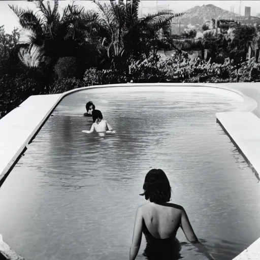 Image similar to one woman in the pool, another women under water, film camera style, la piscine 1 9 6 9 film aesthetics, 1 9 7 0 s, los angeles landscape on the background, evening,