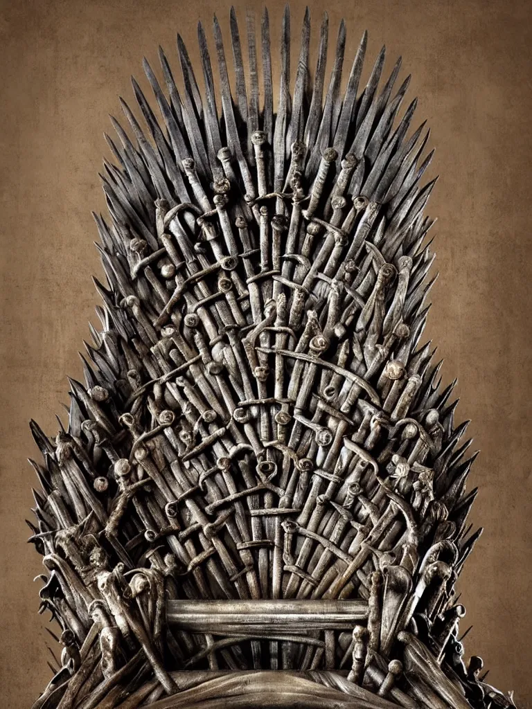 Image similar to game of thrones chair made of rifles, shotguns, revolvers and bullets in a medieval castle, ultrarealistic, intricate details, 4k, concept art, dark fantasy