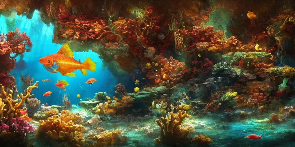 Image similar to beautiful underwater scene. an ancient ship sunk in the abyss very shiny water. colorful fish. seahorse. goldfish. coral, water flowers. beautiful lighting, 4 k post - processing, highly detailed, 5 k extremely detailed, 3 d. sun is highlighting the bubbles. render in octane and cryengine. painterly detailed matte painting, by albert bierstadt