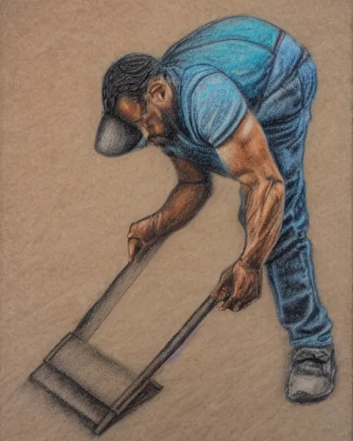 Prompt: a colored chalk drawing on toned paper, steel worker, by glenn vilppu