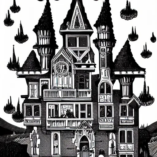 Image similar to mcbess illustration of a gothic mansion with an ansel adams backdrop