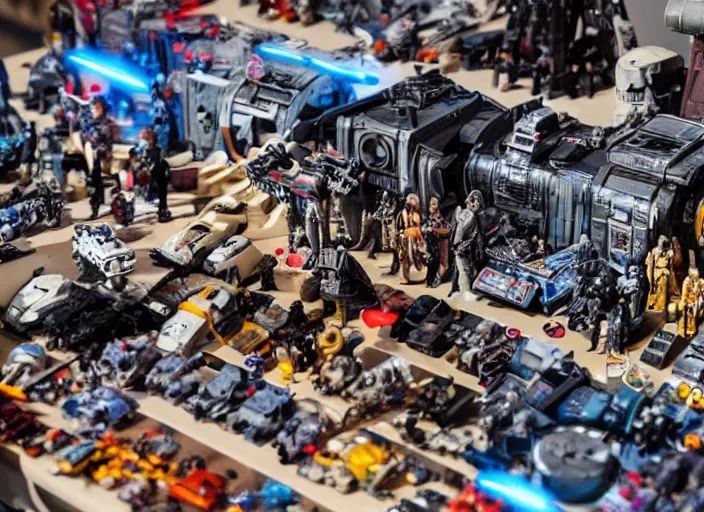 Prompt: a photo of a epic grand scale diorama of star wars toys, canon, macro photography