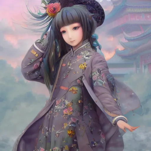 Image similar to dynamic composition, motion, ultra-detailed, incredibly detailed, a lot of details, amazing fine details and brush strokes, colorful and grayish palette, smooth, HD semirealistic anime CG concept art digital painting, watercolor oil painting of a young C-Pop idol girl, by a Chinese artist at ArtStation, by Huang Guangjian, Fenghua Zhong, Ruan Jia, Xin Jin and Wei Chang. Realistic artwork of a Chinese videogame, gradients, gentle an harmonic grayish colors.