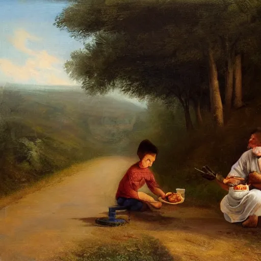 Image similar to painting of a man feeding a poor boy on a country road, surreal highly detailed