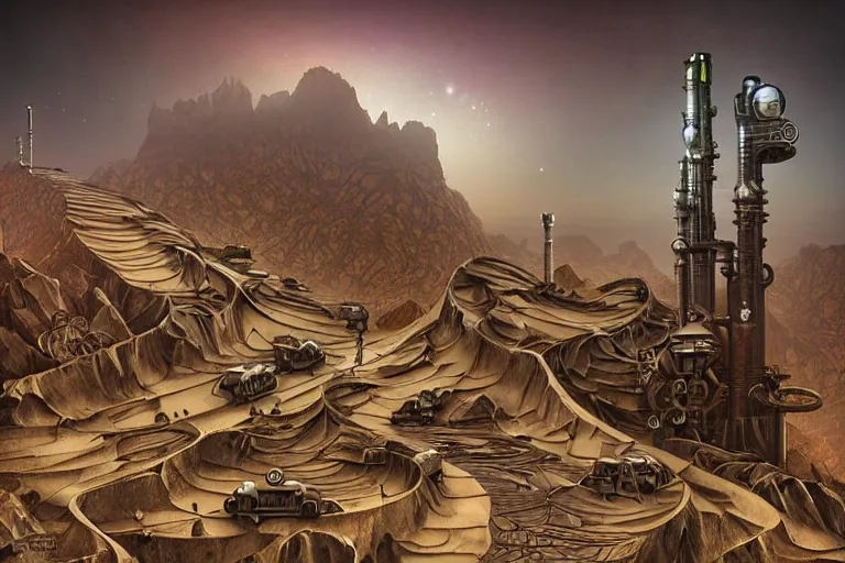 Image similar to sci - fi favela sculpture, art nouveau desert environment, industrial factory, cliffs, gloomy, milky way, award winning art, epic dreamlike fantasy landscape, ultra realistic,