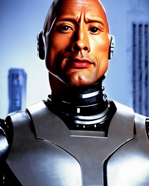 Image similar to film still close - up shot of dwayne johnson as robocop from the movie robocop. photographic, photography