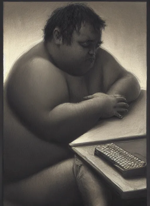 Image similar to insanely detailed chiaroscuro image of a exhausted - looking slightly fat casually - dressed programmer guy on his knees facing his glowing ultrawide computer monitor monitor begging it for forgiveness, oil on canvas, masterwork, fine detail, trending on artstation, emotive, insanely compelling, ryden, koons, moebius