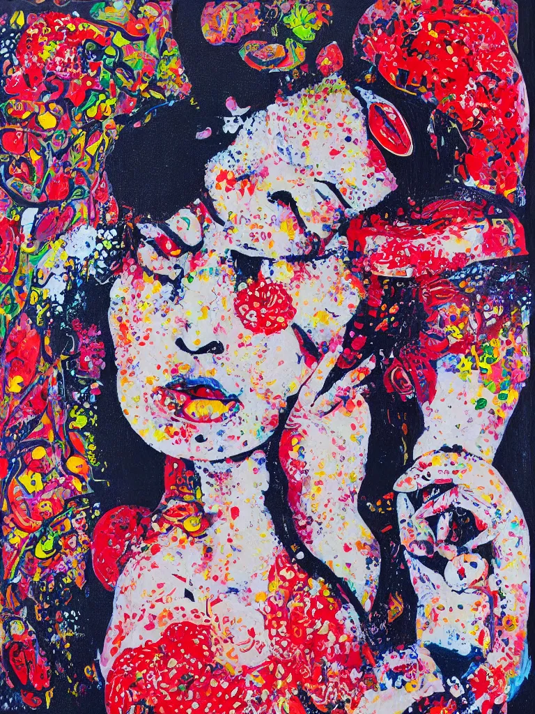 Prompt: “art in an Australian artist’s apartment, portrait of a woman wearing white cotton cloth, eating luscious fresh raspberries and strawberries and blueberries, edible flowers, black background, aboriginal and Japanese style, Dreamtime, Eora, Gadigal, intricate, bold colour, acrylic and spray paint and wax and oilstick on canvas”
