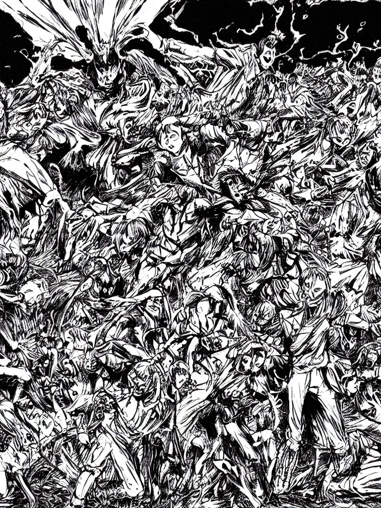 Image similar to field with demons attacking humans, manga