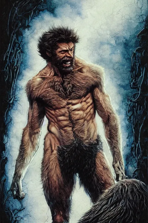 Image similar to hugh jackman as the wolfman, jean baptiste monge, alan lee, dan mumford, alex horley, cedric pavravernay, jc leyendecker, james jean, realistic painting, highly detailed