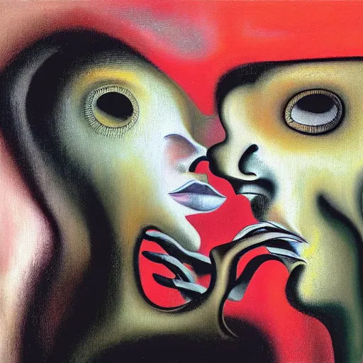 Image similar to Oil painting by Roberto Matta. Strange mechanical beings kissing. Close-up portrait by Lisa Yuskavage. Dali.