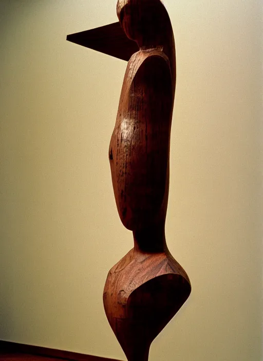 Prompt: realistic photo portrait of the a sculpture of a person in a shape of a bird made of wood, poorly designed, arte povera, fluxus, dadaism standing in the wooden polished and fancy expensive wooden museum interior room 1 9 9 0, life magazine reportage photo