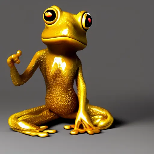 Prompt: octane render of an anthropomorphic golden frog sitting in a chair in an office, very detailed, very intricate, dslr,