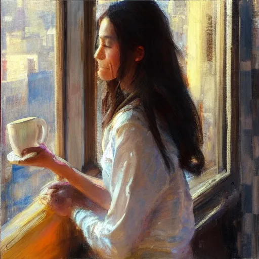 Image similar to “ girl holding a cup of coffee leaning out of a window overlooking the east village, morning light, by daniel gerhartz ”