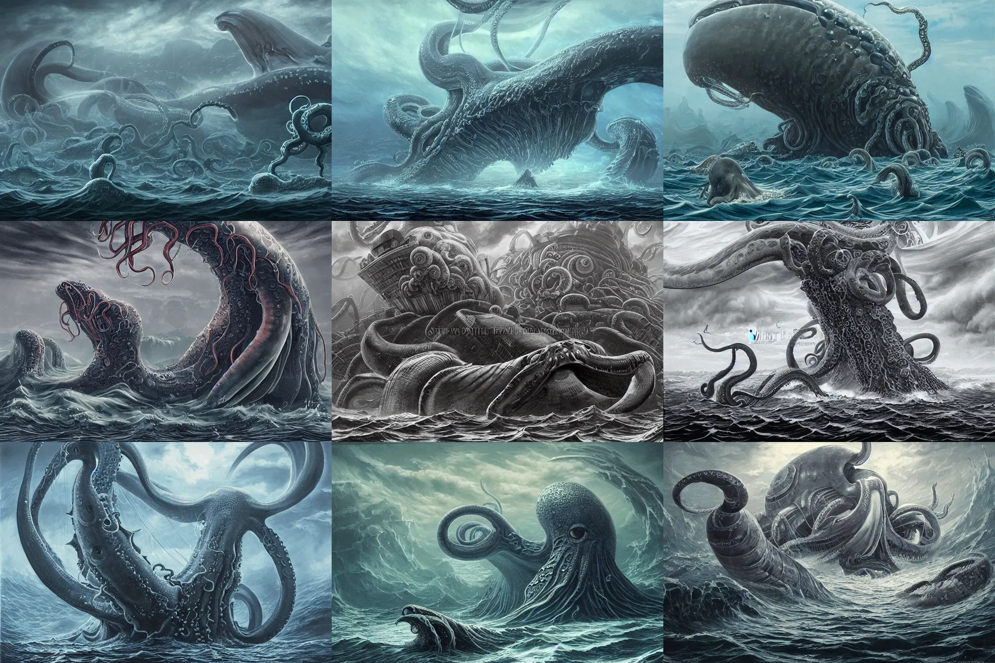 Prompt: highly detailed elden ring portrait photo of a huge floating wailord squid kraken in a scenic dystopian hellish environment. a fleet of even bigger massive squids floating up from the water surface in the background, hyperrealistic illustration by william didier - pouget