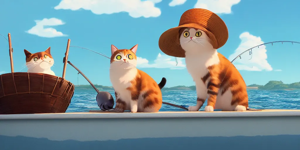 Image similar to a wholesome animation key shot of a cute cat on a fishing boat wearing a sunhat, studio ghibli, pixar and disney animation, sharp, rendered in unreal engine 5, anime key art by greg rutkowski, bloom, dramatic, dynamic lighting