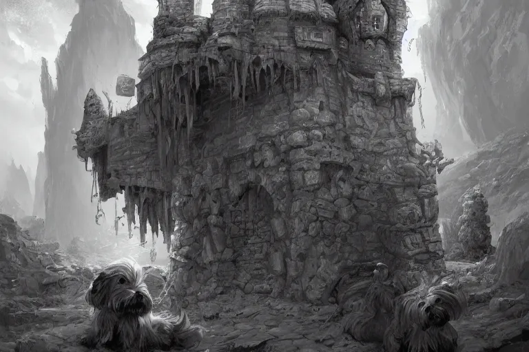 Prompt: black and white one point perspective dungeon cozy fantasy dungeon yorkshire terrier puppies artgerm and Craig Mullins, James Jean, Andrey Ryabovichev, Mark Simonetti and Peter Morbacher 16k