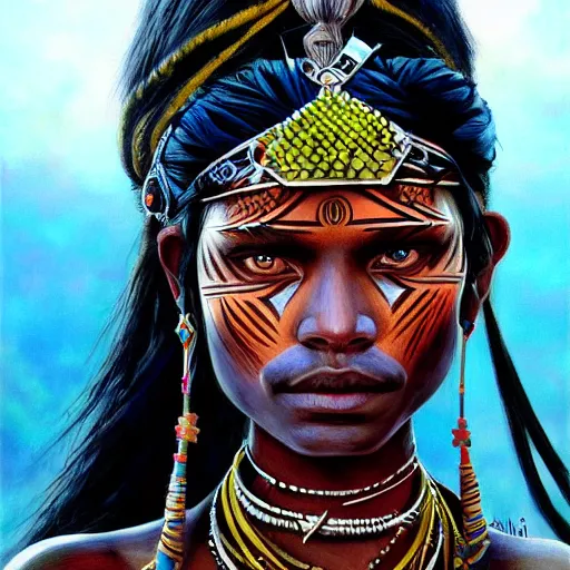 Prompt: highly detailed painting of a tribal warrior goddess woman, maldivian, blue eyes, high fantasy art by jon foster trending on arstation