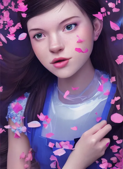 Prompt: wendys restaurant girl covered in translucent blue and pink leaf and petals in the style of stefan kostic, cute - fine - face, dasha taran, backlit, refracted lighting, elegant, half body shot, 8 k, insanely detailed, intricate, art by stanley lau, artgerm, wlop, kuvshinov ilya,