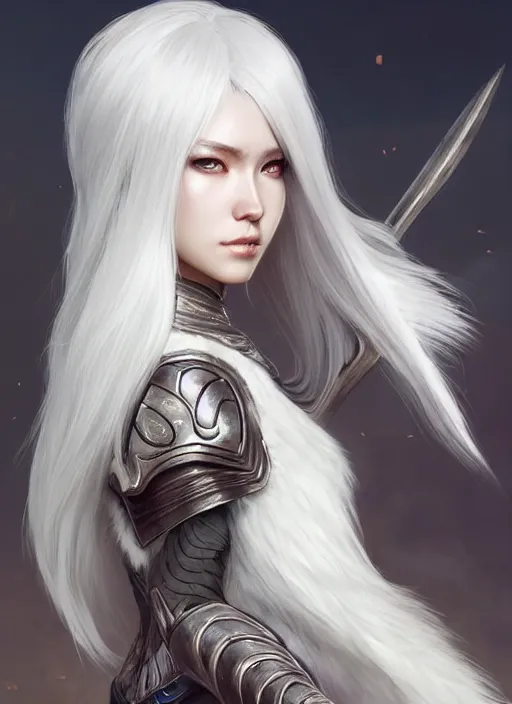 Prompt: warrior, fur - lined light armor!!! beautiful and elegant white hair female!! gorgeous ayes!! character concept art, sharp focus, octane render! unreal engine 5! highly rendered!! trending on artstation!! detailed linework!! illustration by artgerm, wlop, and chie yoshii