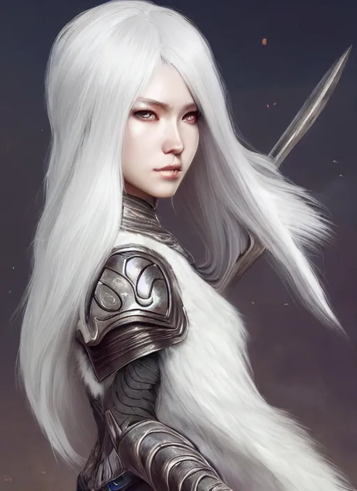 Image similar to warrior, fur - lined light armor!!! beautiful and elegant white hair female!! gorgeous ayes!! character concept art, sharp focus, octane render! unreal engine 5! highly rendered!! trending on artstation!! detailed linework!! illustration by artgerm, wlop, and chie yoshii