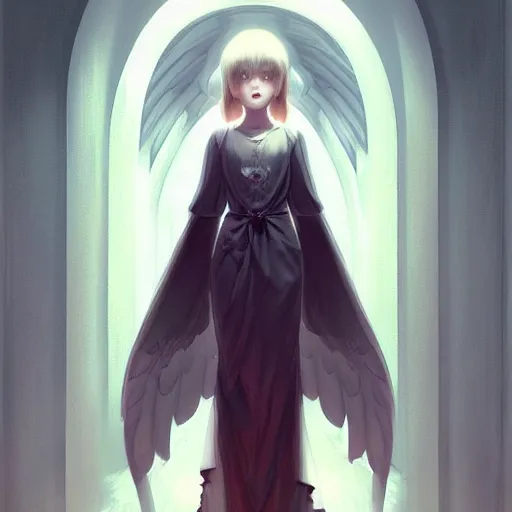 Image similar to angelic girl in intricate clothing walking a cathedralic hallway at night, wlop, ilya kuvshinov, artgerm, krenz cushart, greg rutkowski, sana takeda