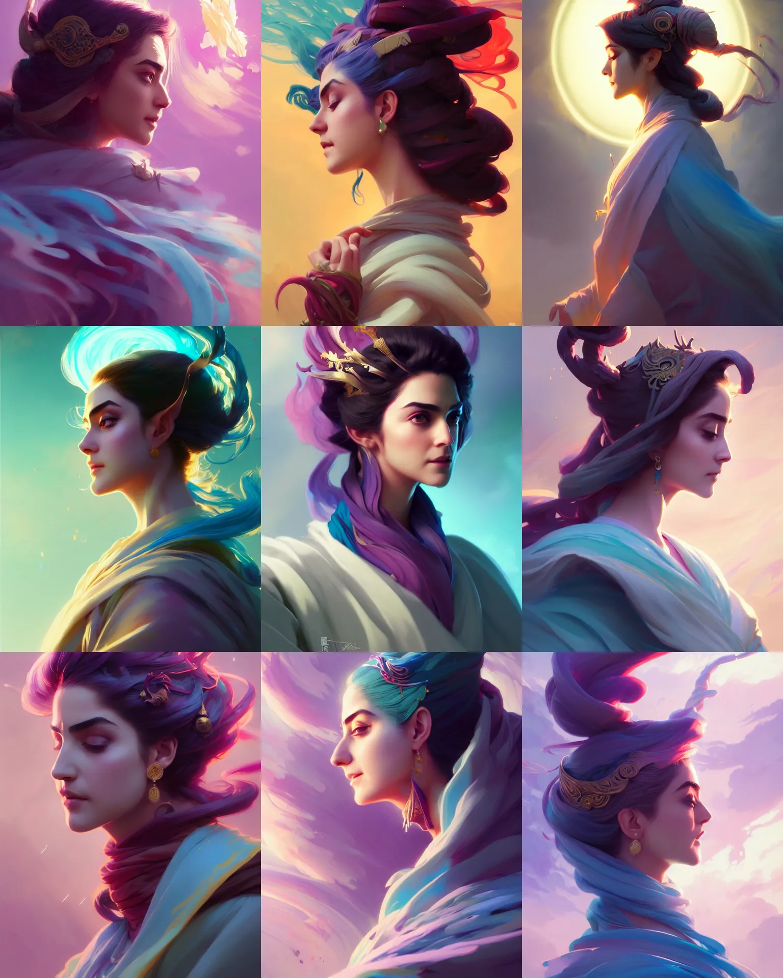 Prompt: side profile, maya ali, wind wizard, dota, robes, elegant, highly detailed, concept art, smooth, colorful swirly magical ripples, pastel colors, by huang guangjian, sachin teng, greg rutkowski, jesper ejsing, ilya kuvshinov, artgerm, mucha