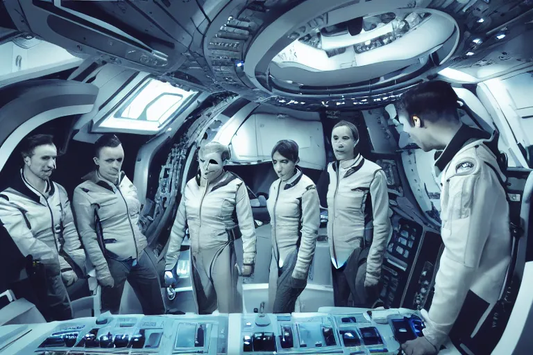 Prompt: crew of a spaceship standing in a huddle in a futuristic cockpit, style of captain future show