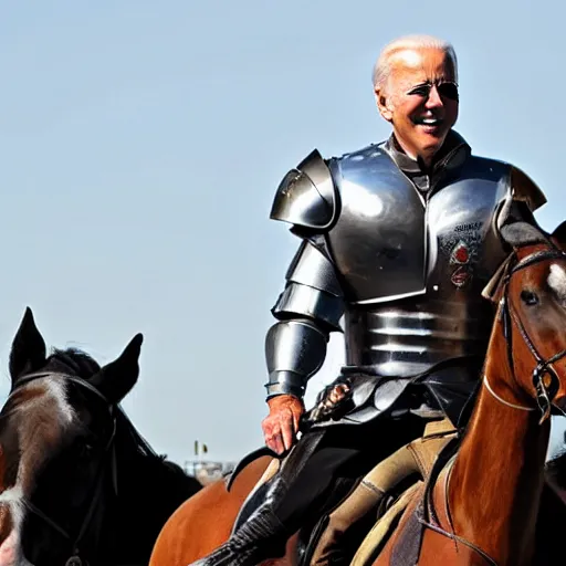 Image similar to Joe Biden riding a horse with a sword and armour, photo