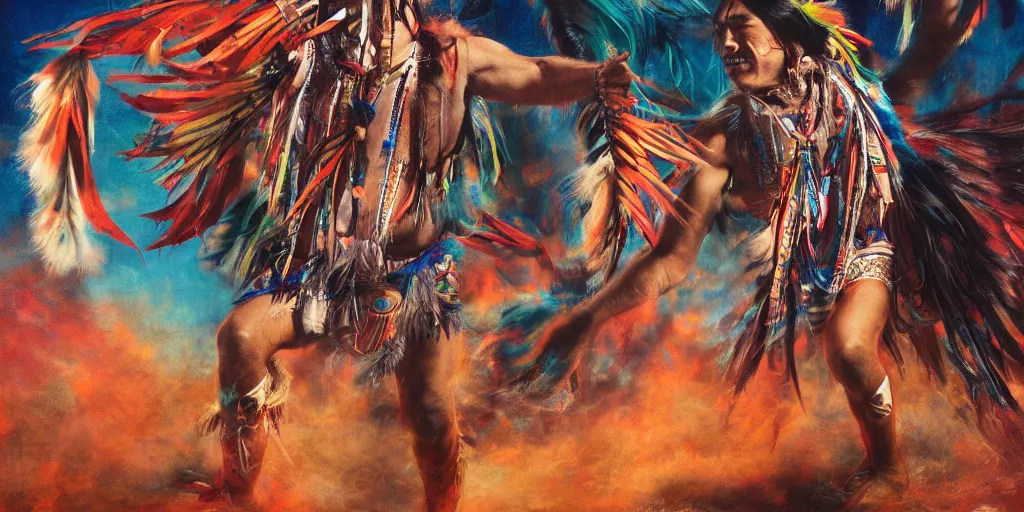 Image similar to of Native American Chief dancing spirit dance by Liam Wong and Boris Vallejo