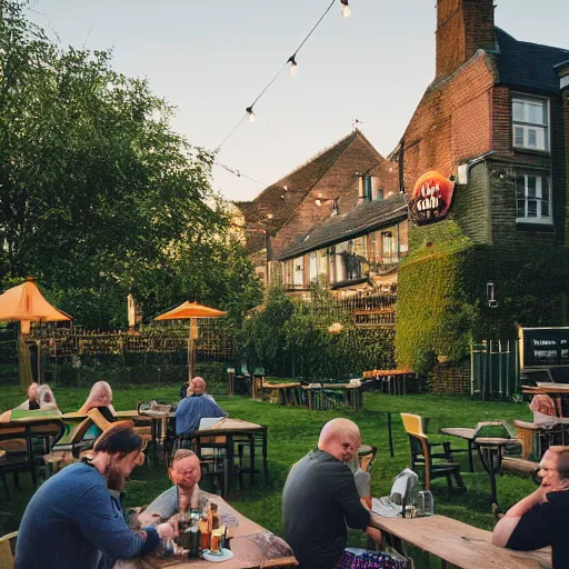 Prompt: an english pub garden at golden hour, people are drinking pints of lager and smoking cigarettes