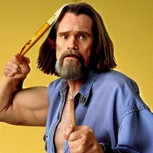 Prompt: jim carrey as the dude, the big lebowski