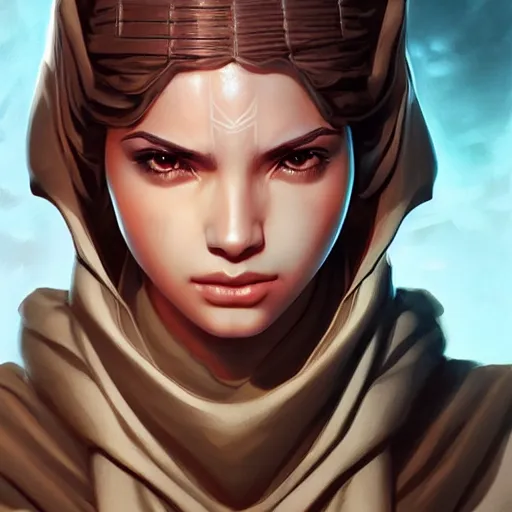 Image similar to female jedi, beautiful, detailed symmetrical close up portrait, intricate complexity, in the style of artgerm and ilya kuvshinov, magic the gathering art