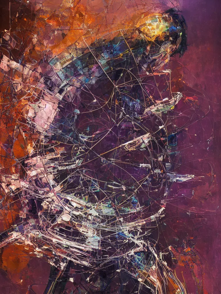 Image similar to a beautiful glitched abstract geometric painting by robert proch and robert heindel of an anatomy study of a mechanical nervous system on spinal structure, color bleeding, pixel sorting, copper oxide and rust materials, brushstrokes by jeremy mann, cold top lighting, pastel purple background