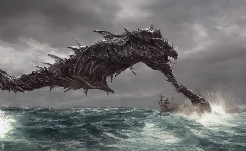 Prompt: huge sea monster crashing out of water on top of ship, artstation