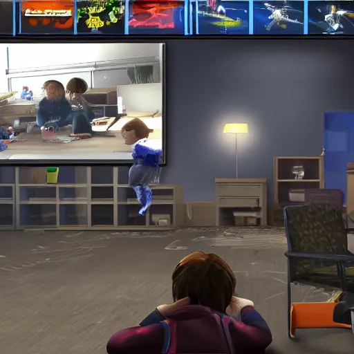 Image similar to screenshot of video game call of duty, inside elementary school, children are sat down at their desks learning
