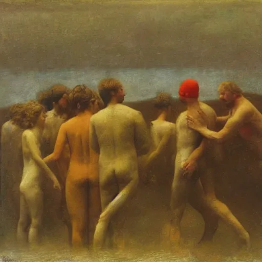 Prompt: the dream of the walrus and the swimmers in oslo, by odd nerdrum, oil on canvas, 1 9 8 3, high resolution