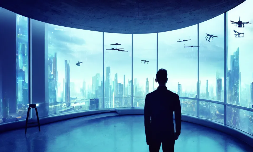 Prompt: a futuristic bedroom with large curved ceiling high windows looking out to a far future cyberpunk cityscape, a man standing at the window, flying futuristic drones outside, cyberpunk neon lights, raining, scifi