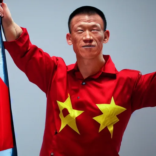 Image similar to Chinese John Cena wielding the CCP flag