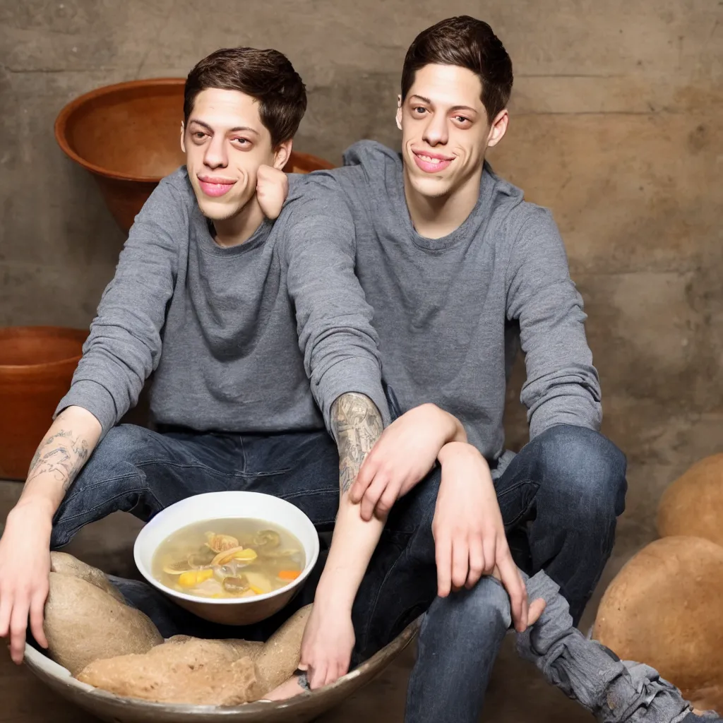 Prompt: pete davidson sitting in a bowl of nice broth soup